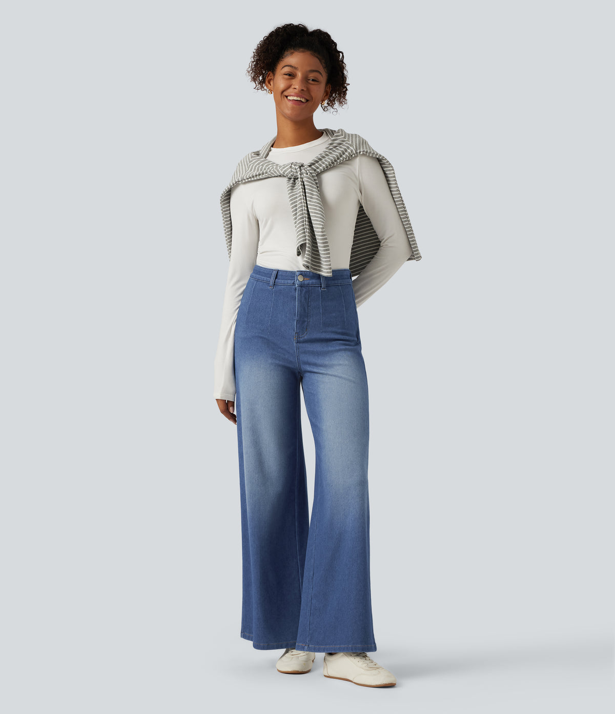 High Waisted Tummy Control Wide Leg Casual Jeans with Pockets — Gulf Stream Blue Denim — view 7