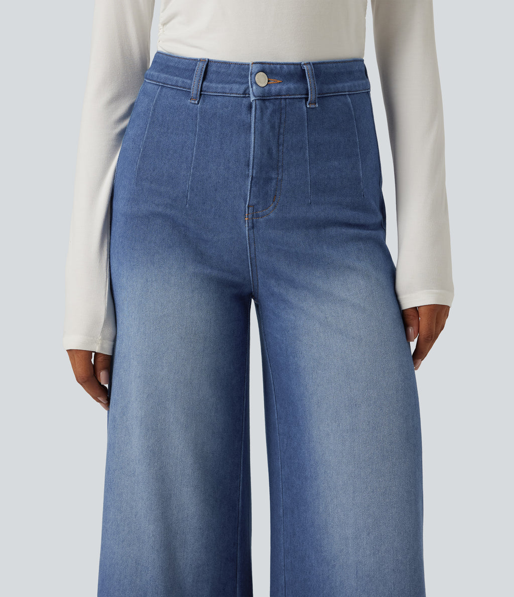 High Waisted Tummy Control Wide Leg Casual Jeans with Pockets — Gulf Stream Blue Denim — view 4