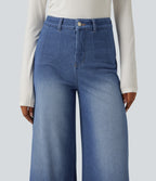 High Waisted Tummy Control Wide Leg Casual Jeans with Pockets — Gulf Stream Blue Denim — view 4