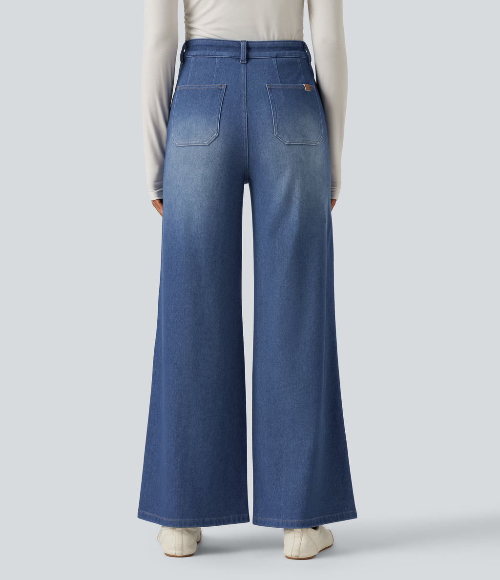 High Waisted Tummy Control Wide Leg Casual Jeans with Pockets — Gulf Stream Blue Denim — view 2