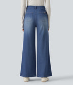 High Waisted Tummy Control Wide Leg Casual Jeans with Pockets — Gulf Stream Blue Denim — view 2