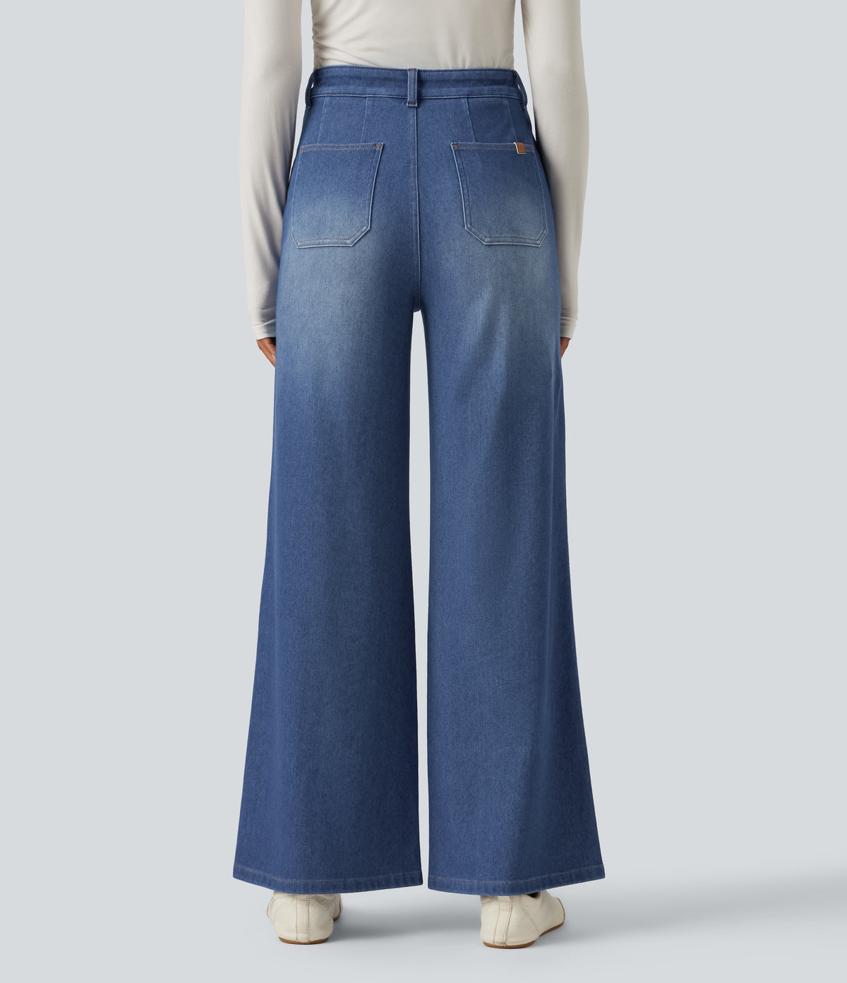 High Waisted Tummy Control Wide Leg Casual Jeans with Pockets — Gulf Stream Blue Denim — view 2