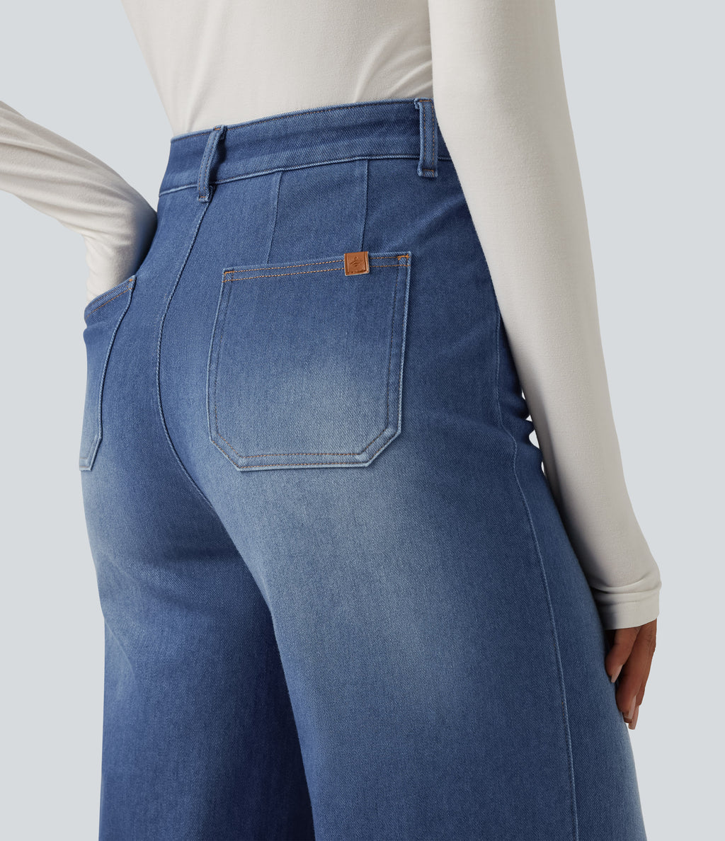 High Waisted Tummy Control Wide Leg Casual Jeans with Pockets — Gulf Stream Blue Denim — view 5