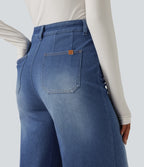 High Waisted Tummy Control Wide Leg Casual Jeans with Pockets — Gulf Stream Blue Denim — view 5