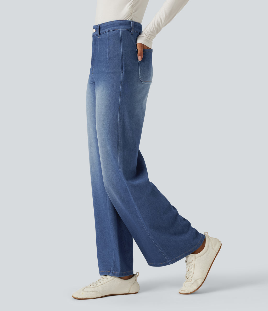 High Waisted Tummy Control Wide Leg Casual Jeans with Pockets — Gulf Stream Blue Denim — view 3
