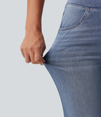 High Waisted Stripe Flare Washed Casual Jeans with Pockets — Blue Jasper Denim — view 6