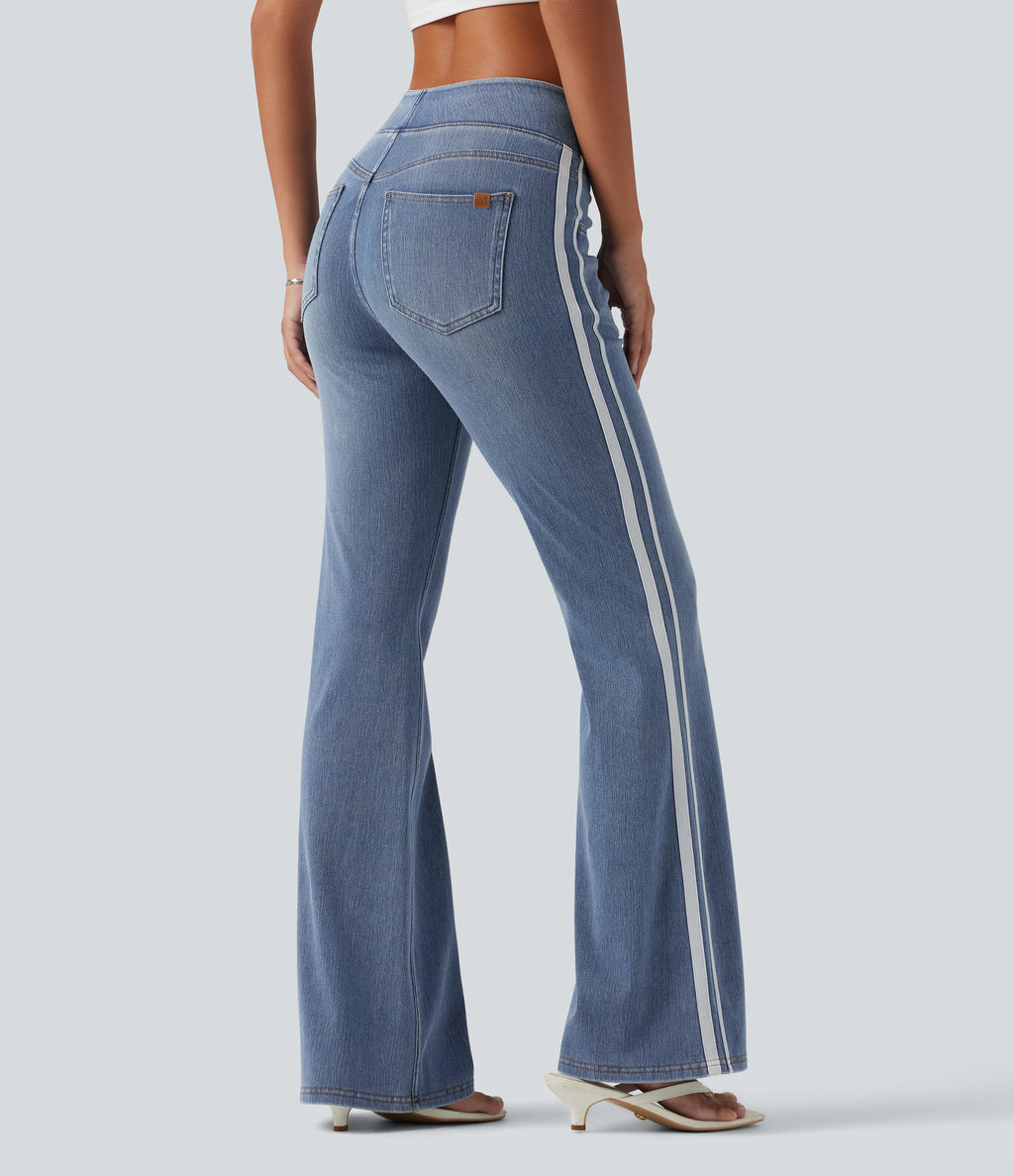 High Waisted Stripe Flare Washed Casual Jeans with Pockets — Blue Jasper Denim — view 2