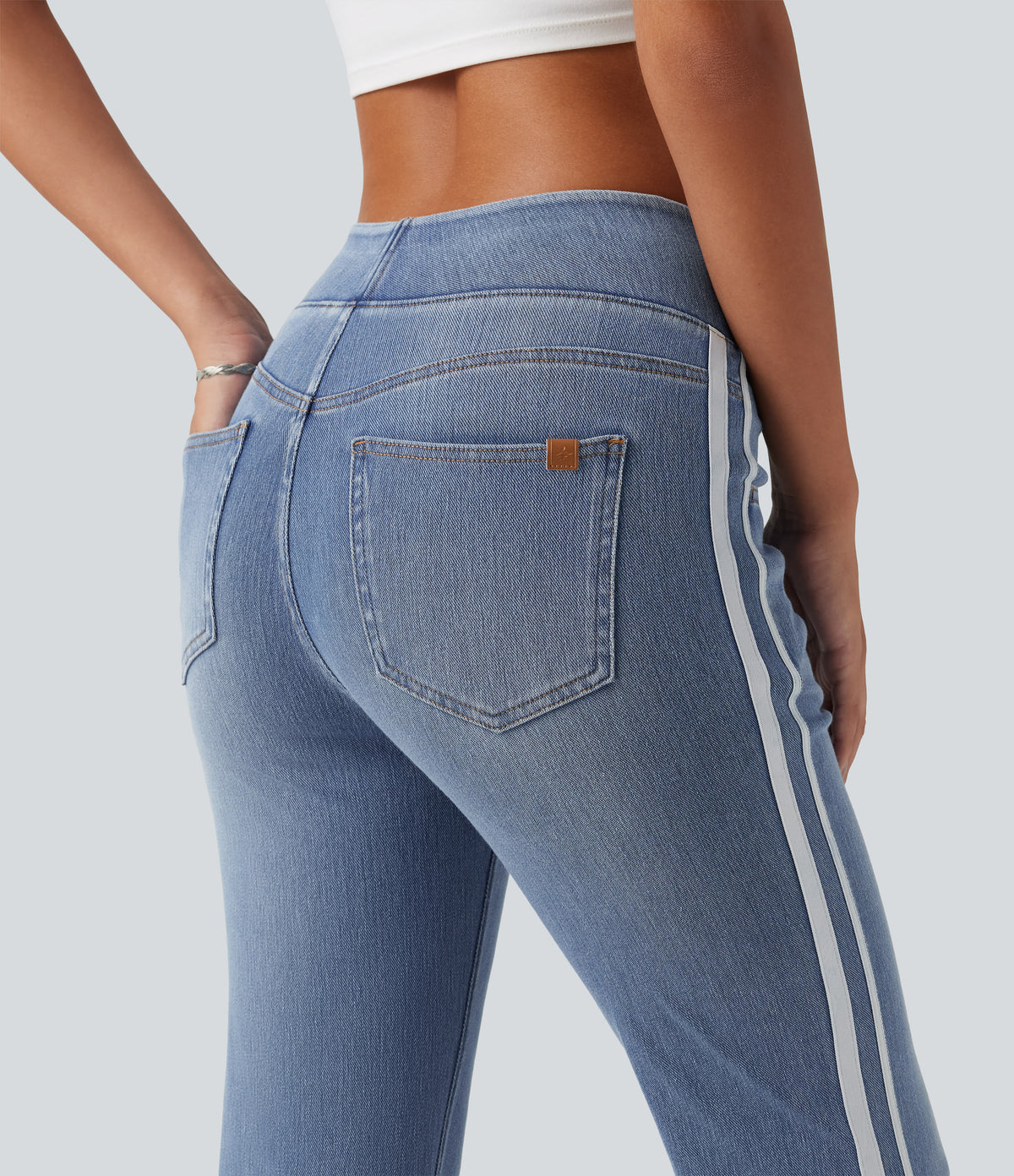 High Waisted Stripe Flare Washed Casual Jeans with Pockets — Blue Jasper Denim — view 4