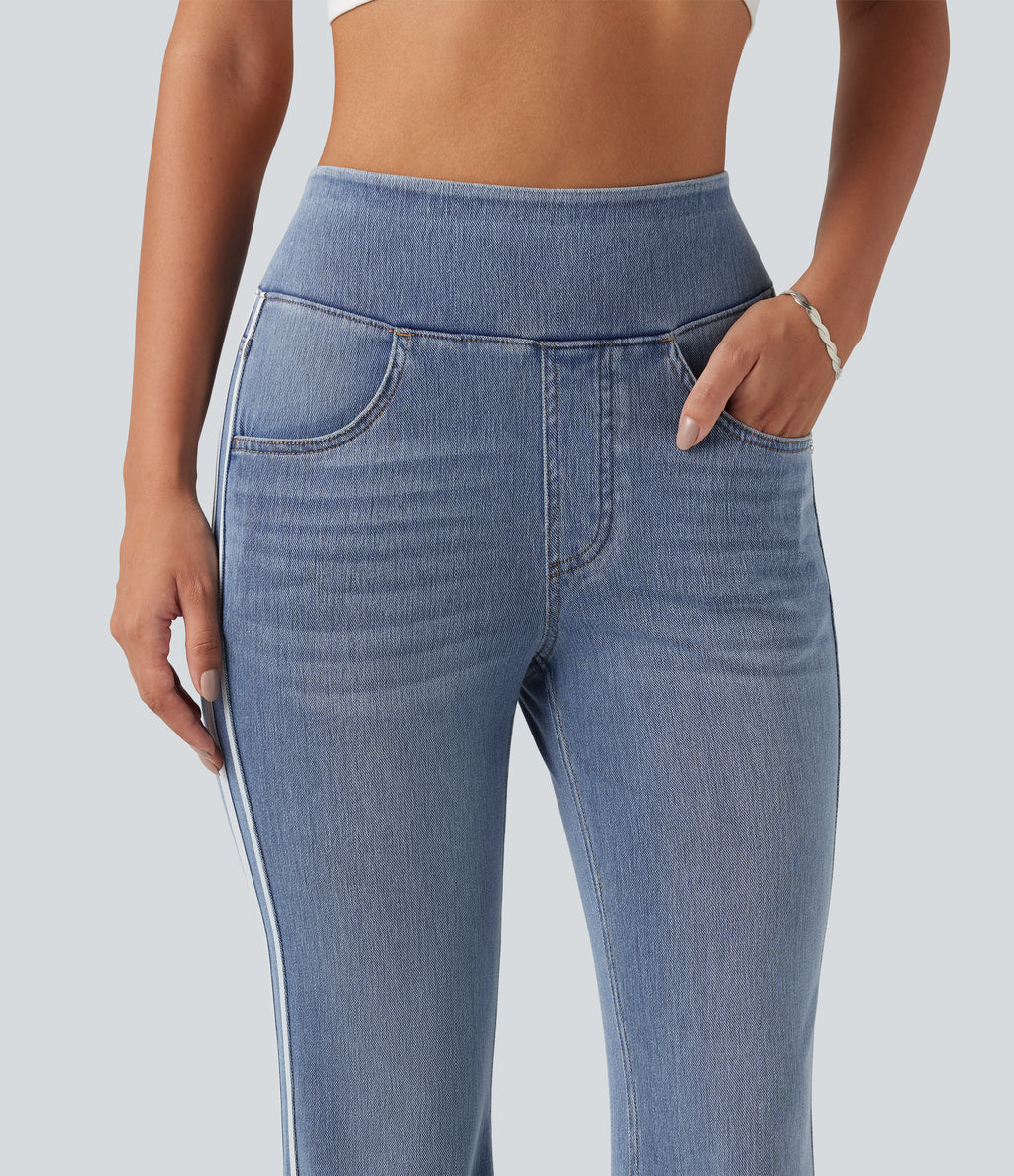 High Waisted Stripe Flare Washed Casual Jeans with Pockets — Blue Jasper Denim — view 5