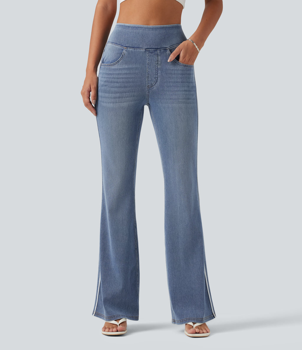 High Waisted Stripe Flare Washed Casual Jeans with Pockets — Blue Jasper Denim — view 3