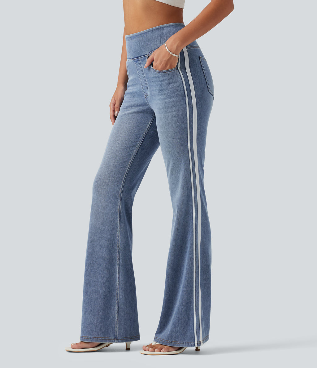 High Waisted Stripe Flare Washed Casual Jeans with Pockets — Blue Jasper Denim — view 1