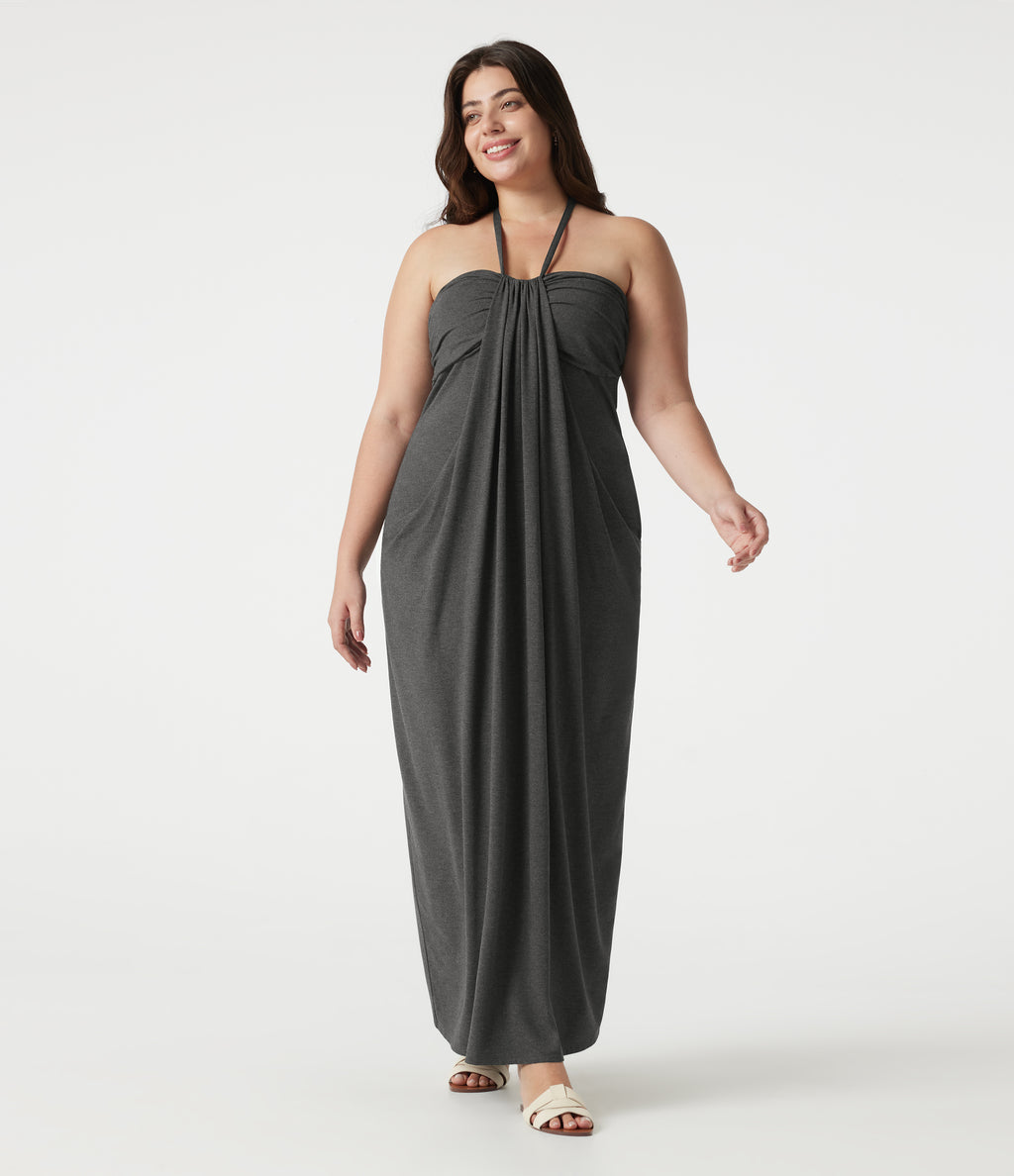 Plus Size Halter Tie Back Maxi Dress with Pockets — Darl Gray Floral Yarn — view 1