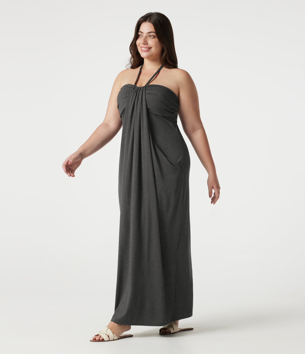 Plus Size Halter Tie Back Maxi Dress with Pockets — Darl Gray Floral Yarn — view 3