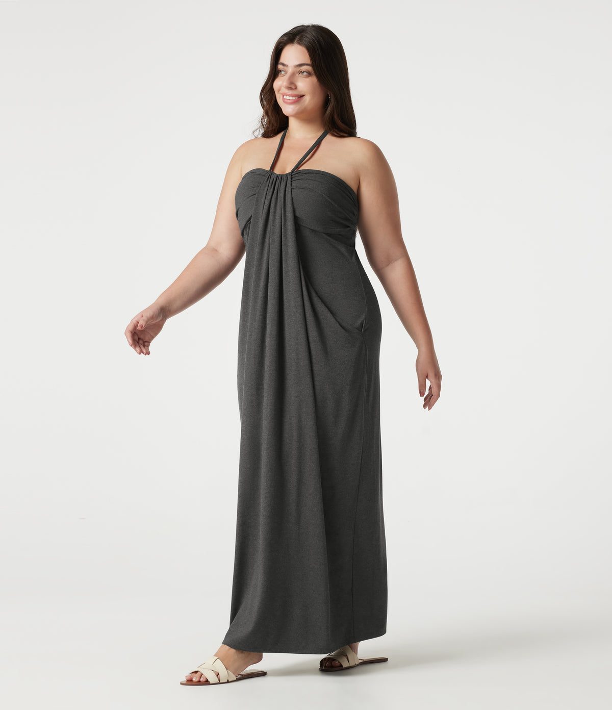 Plus Size Halter Tie Back Maxi Dress with Pockets — Darl Gray Floral Yarn — view 3