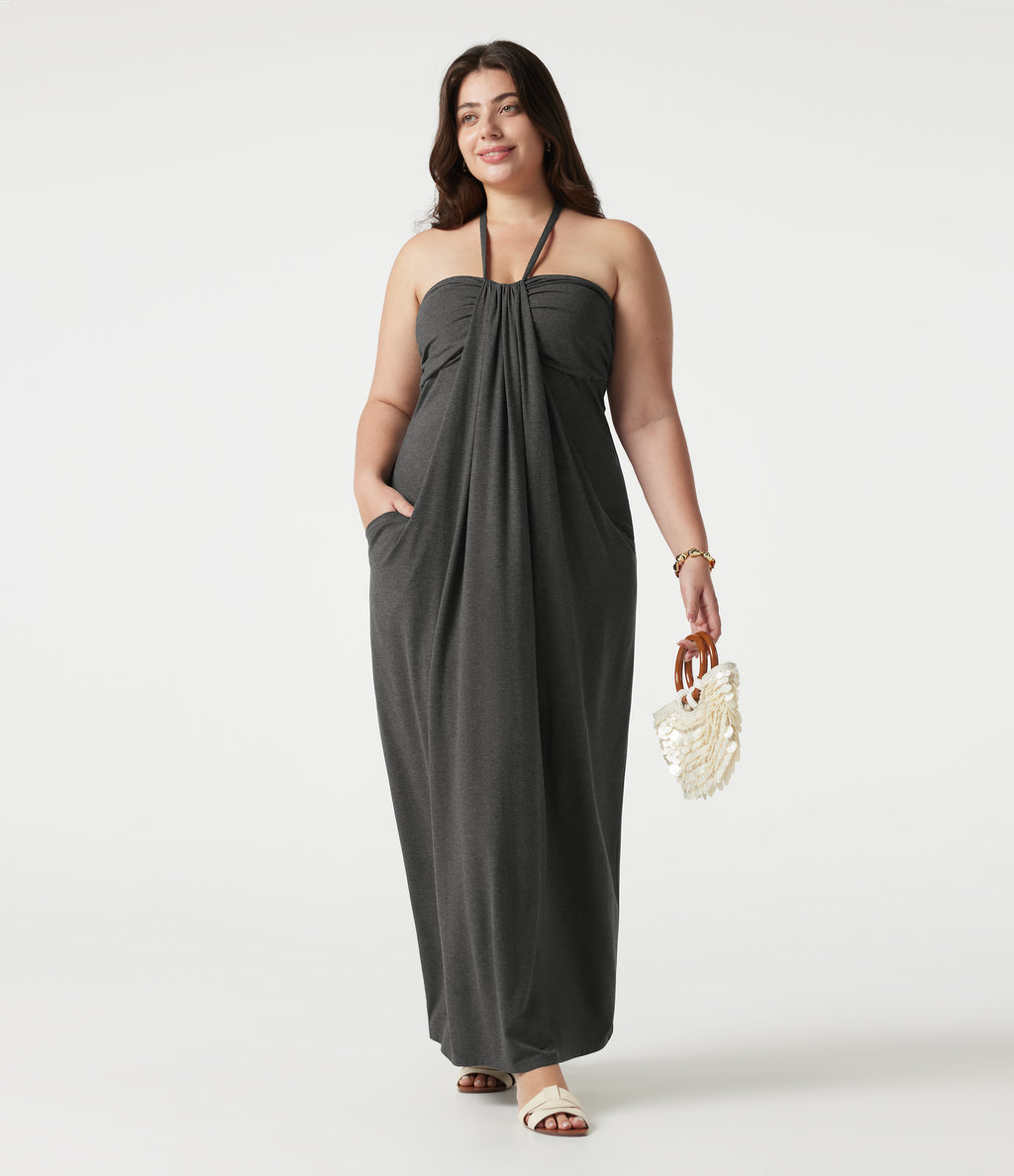 Plus Size Halter Tie Back Maxi Dress with Pockets — Darl Gray Floral Yarn — view 8