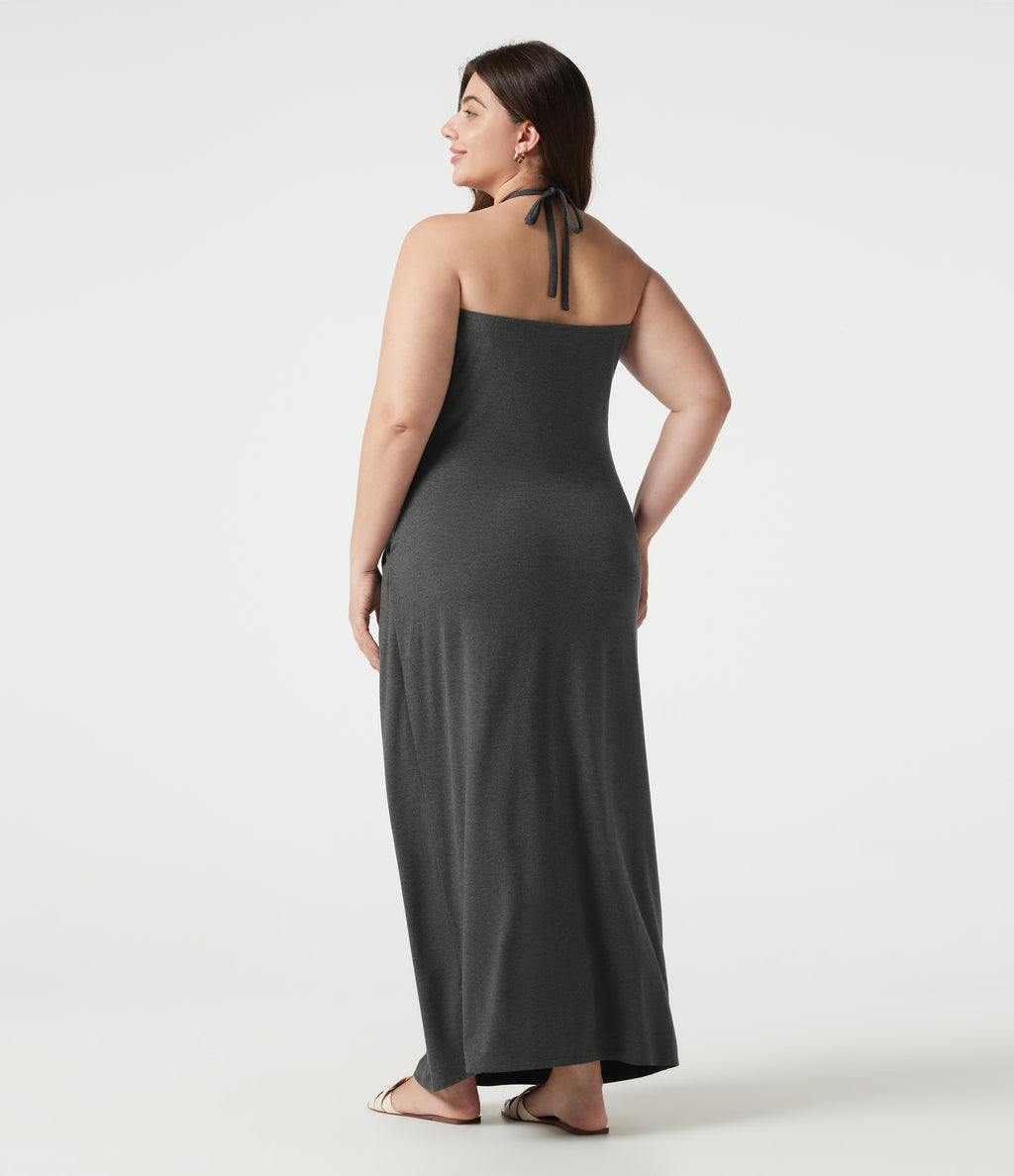 Plus Size Halter Tie Back Maxi Dress with Pockets — Darl Gray Floral Yarn — view 2