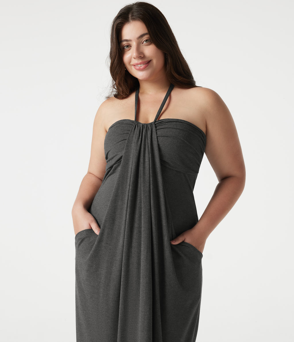 Plus Size Halter Tie Back Maxi Dress with Pockets — Darl Gray Floral Yarn — view 4