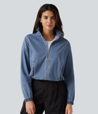 High Neck Long Sleeve Denim Casual Jacket with Pockets — Blue Surf Denim — view 1