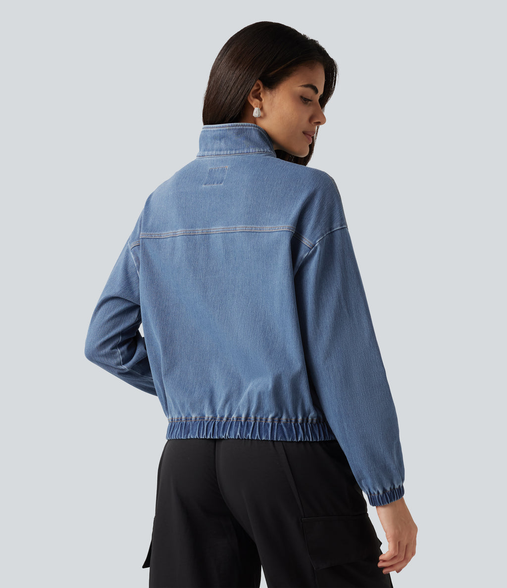 High Neck Long Sleeve Denim Casual Jacket with Pockets — Blue Surf Denim — view 2