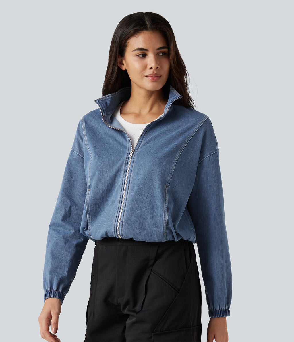 High Neck Long Sleeve Denim Casual Jacket with Pockets — Blue Surf Denim — view 3