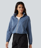High Neck Long Sleeve Denim Casual Jacket with Pockets — Blue Surf Denim — view 3