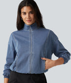 High Neck Long Sleeve Denim Casual Jacket with Pockets — Blue Surf Denim — view 4
