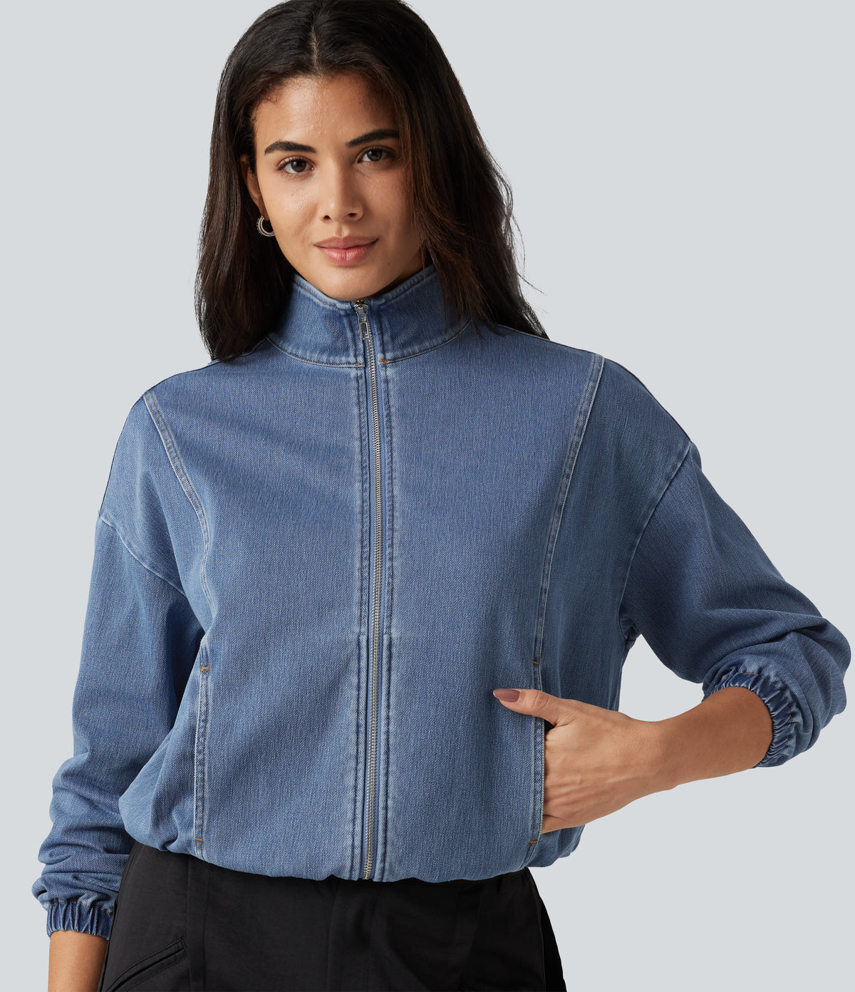 High Neck Long Sleeve Denim Casual Jacket with Pockets — Blue Surf Denim — view 4
