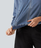 High Neck Long Sleeve Denim Casual Jacket with Pockets — Blue Surf Denim — view 5