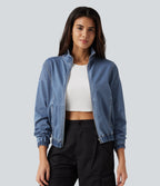 High Neck Long Sleeve Denim Casual Jacket with Pockets — Blue Surf Denim — view 6