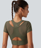 Boat Neck Built-in Bra Short Sleeve Contrast Mesh Cool Touch Quick Dry Cropped Running Sports Top-UPF50+ — Grass Grey Green — view 6