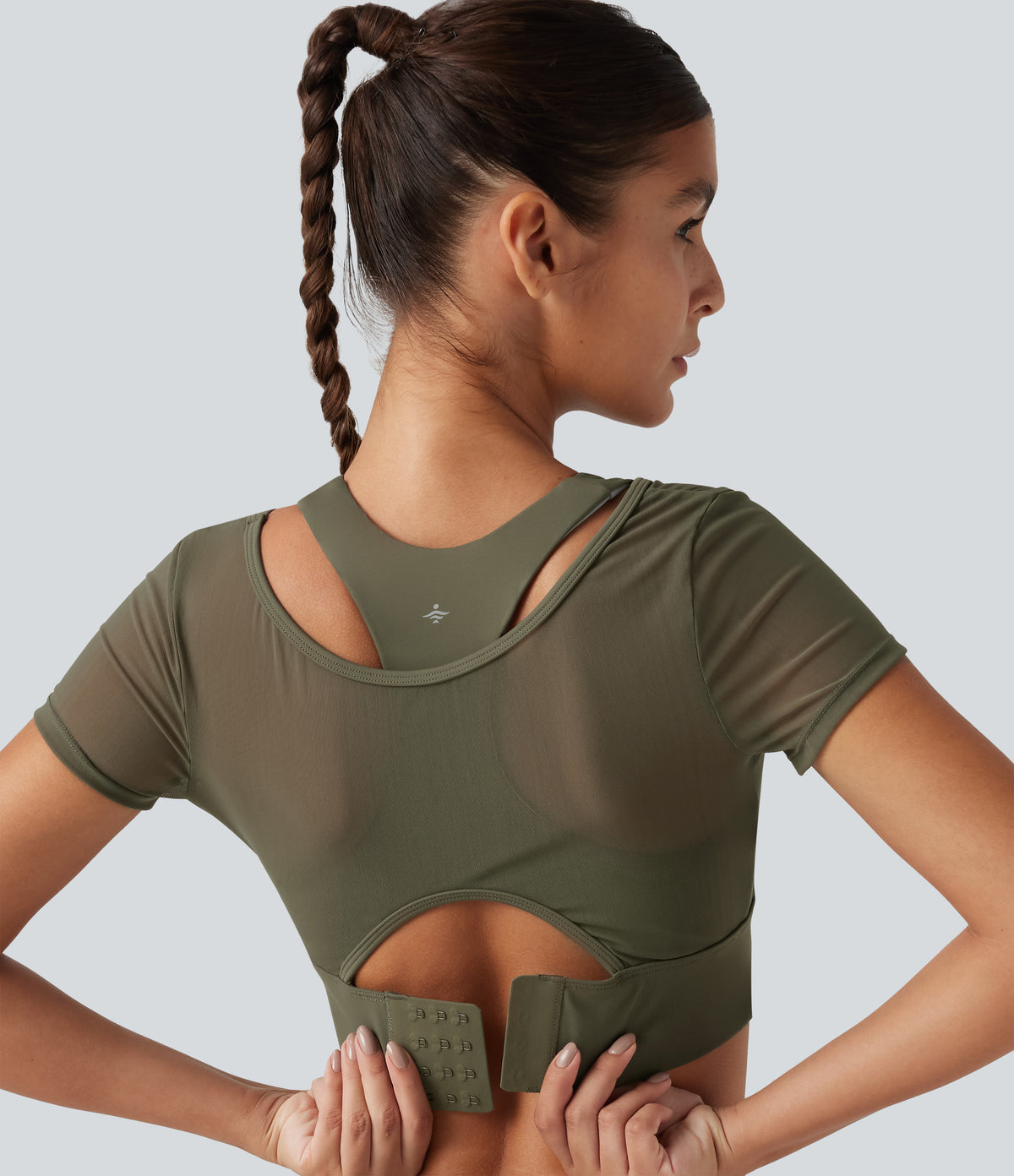 Boat Neck Built-in Bra Short Sleeve Contrast Mesh Cool Touch Quick Dry Cropped Running Sports Top-UPF50+ — Grass Grey Green — view 5