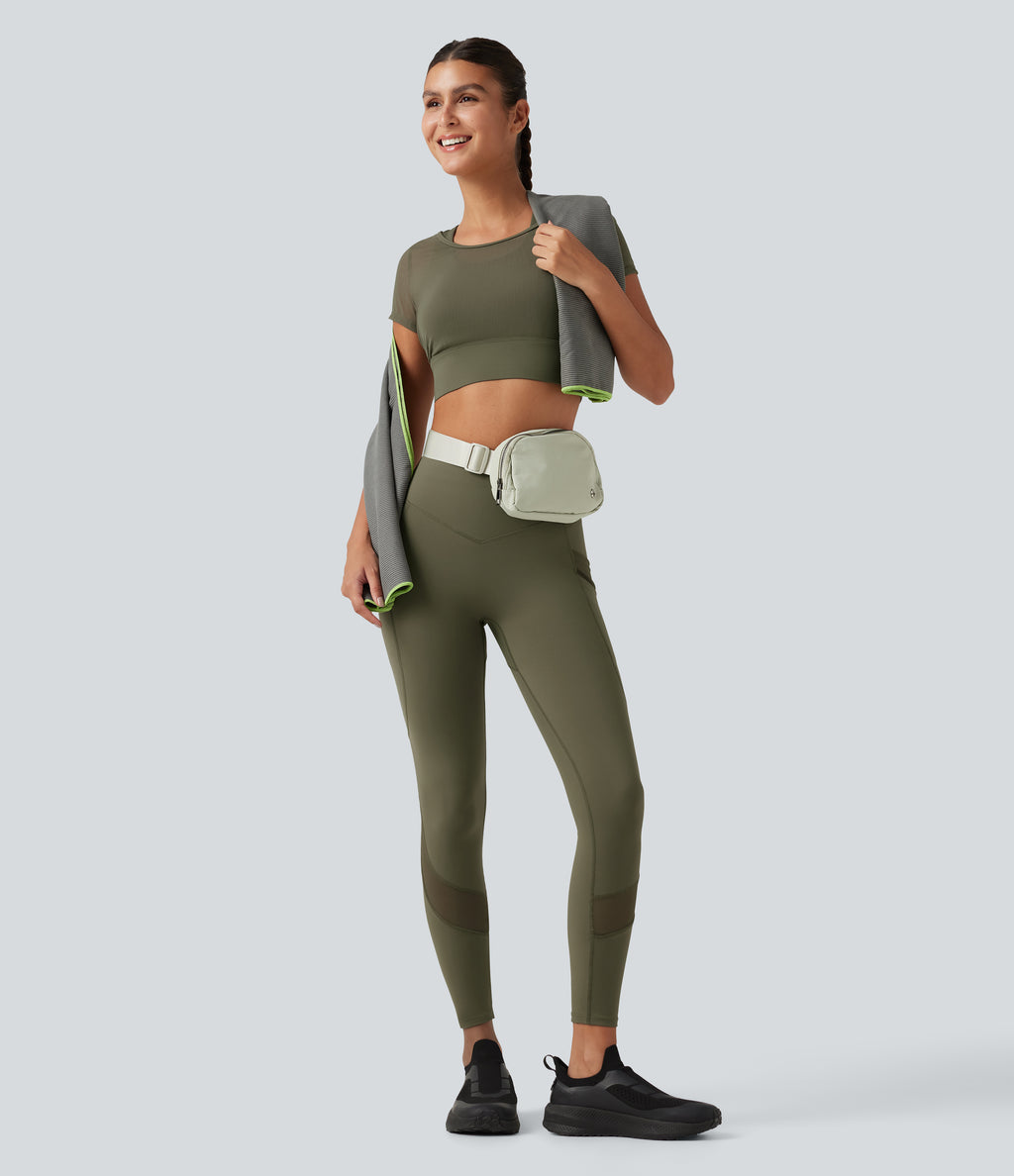 Boat Neck Built-in Bra Short Sleeve Contrast Mesh Cool Touch Quick Dry Cropped Running Sports Top-UPF50+ — Grass Grey Green — view 8