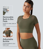 Boat Neck Built-in Bra Short Sleeve Contrast Mesh Cool Touch Quick Dry Cropped Running Sports Top-UPF50+ — Grass Grey Green — view 1
