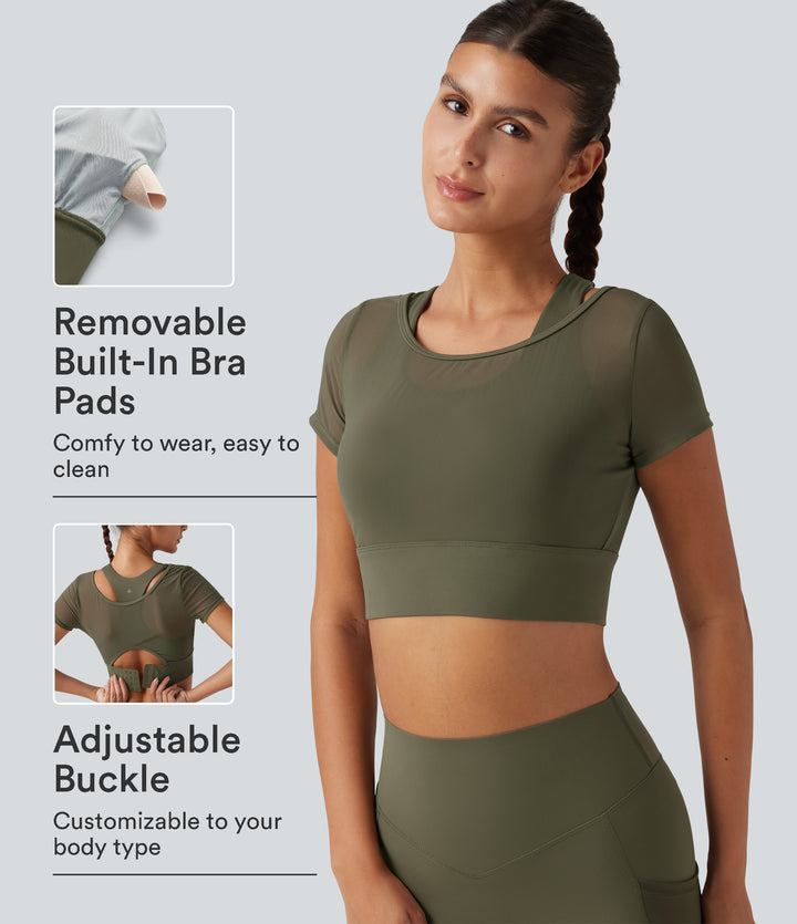 Boat Neck Built-in Bra Short Sleeve Contrast Mesh Cool Touch Quick Dry Cropped Running Sports Top-UPF50+ — Grass Grey Green — view 1