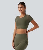 Boat Neck Built-in Bra Short Sleeve Contrast Mesh Cool Touch Quick Dry Cropped Running Sports Top-UPF50+ — Grass Grey Green — view 4