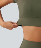Boat Neck Built-in Bra Short Sleeve Contrast Mesh Cool Touch Quick Dry Cropped Running Sports Top-UPF50+ — Grass Grey Green — view 7
