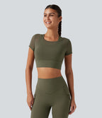 Boat Neck Built-in Bra Short Sleeve Contrast Mesh Cool Touch Quick Dry Cropped Running Sports Top-UPF50+ — Grass Grey Green — view 3
