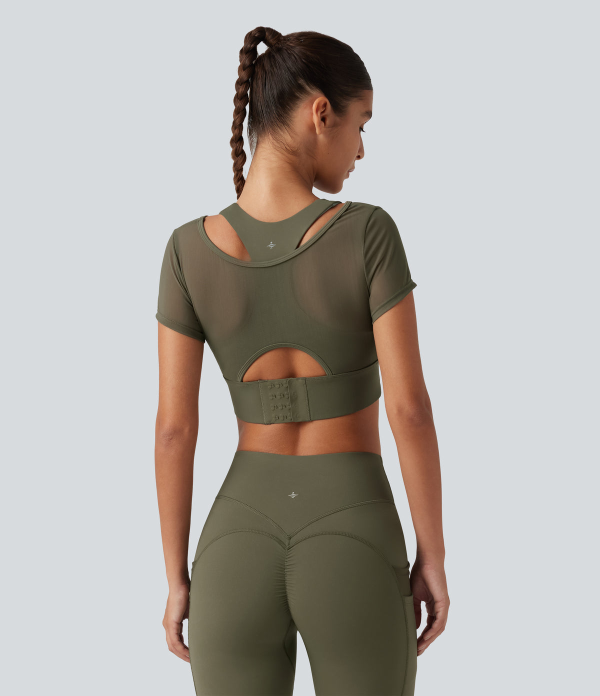 Boat Neck Built-in Bra Short Sleeve Contrast Mesh Cool Touch Quick Dry Cropped Running Sports Top-UPF50+ — Grass Grey Green — view 2