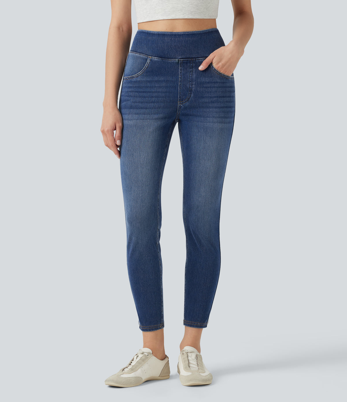 High Waisted Stripe Skinny Washed Casual Jeans with Pockets — Estate Blue Denim — view 3