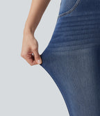 High Waisted Stripe Skinny Washed Casual Jeans with Pockets — Estate Blue Denim — view 6