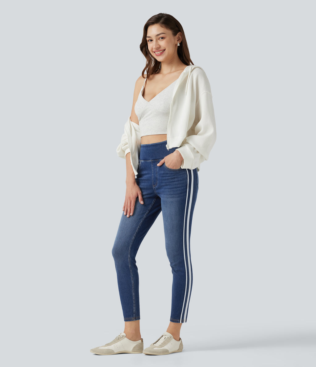 High Waisted Stripe Skinny Washed Casual Jeans with Pockets — Estate Blue Denim — view 7
