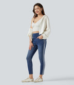 High Waisted Stripe Skinny Washed Casual Jeans with Pockets — Estate Blue Denim — view 7