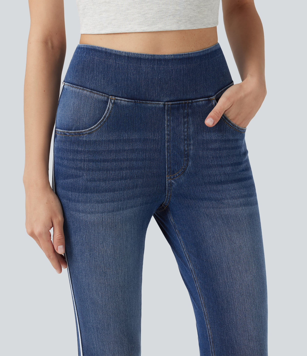 High Waisted Stripe Skinny Washed Casual Jeans with Pockets — Estate Blue Denim — view 5
