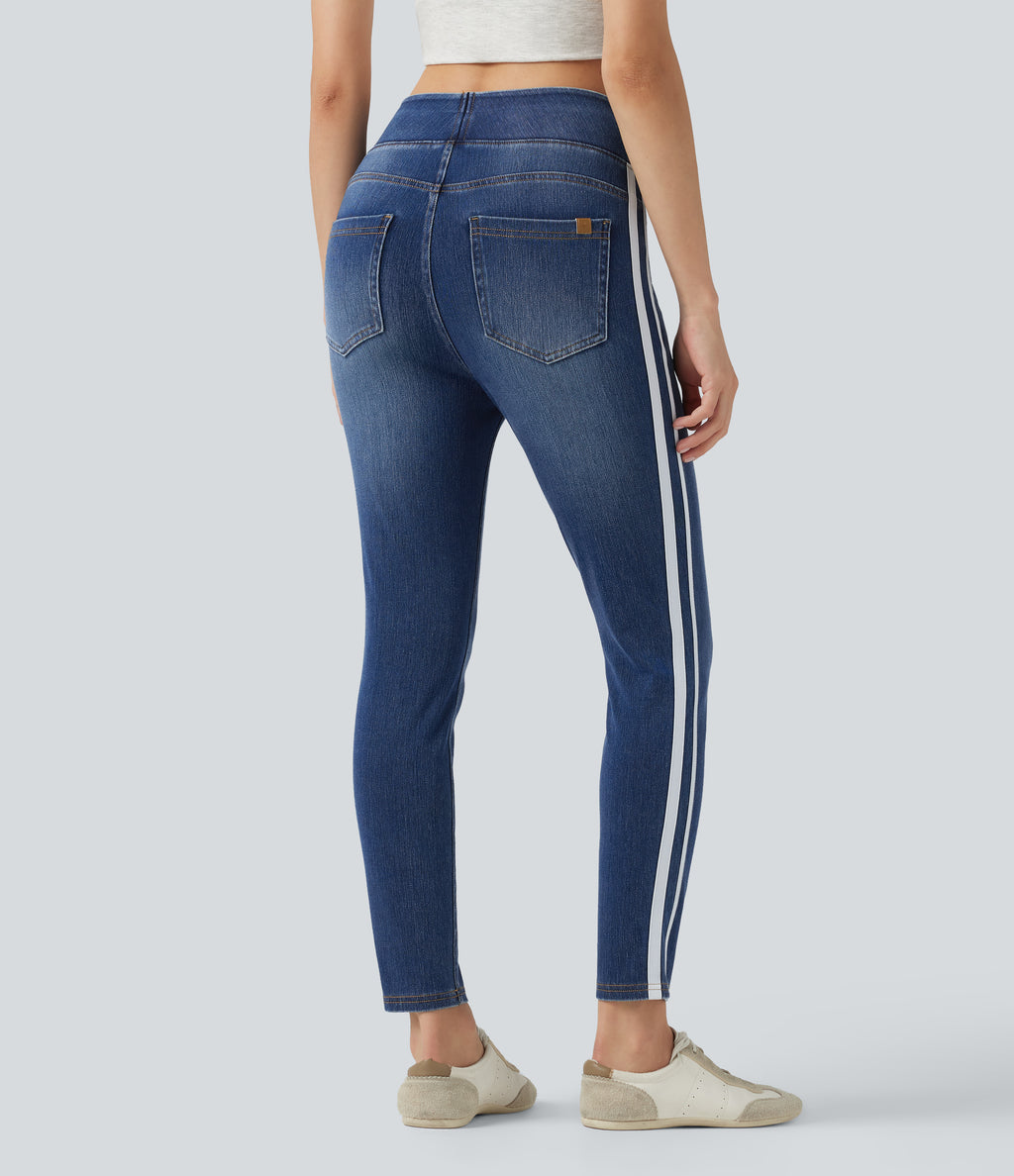 High Waisted Stripe Skinny Washed Casual Jeans with Pockets — Estate Blue Denim — view 2