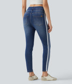 High Waisted Stripe Skinny Washed Casual Jeans with Pockets — Estate Blue Denim — view 2