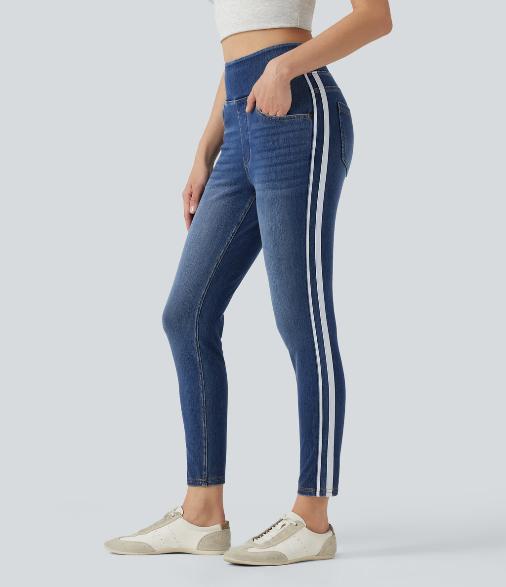 High Waisted Stripe Skinny Washed Casual Jeans with Pockets — Estate Blue Denim — view 1