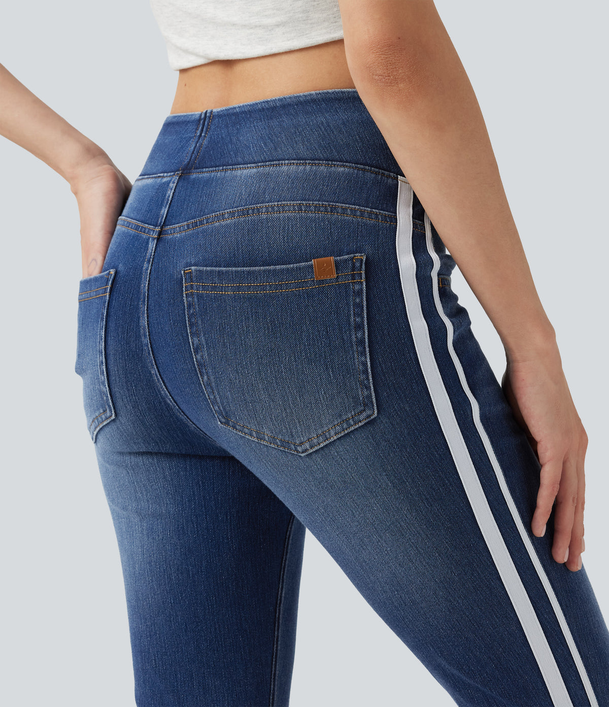 High Waisted Stripe Skinny Washed Casual Jeans with Pockets — Estate Blue Denim — view 4