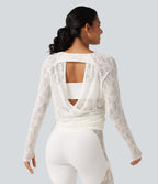 Cut Out Long Sleeve Thumb Hole Ruched Lace Yoga Sports Top — White — view 4
