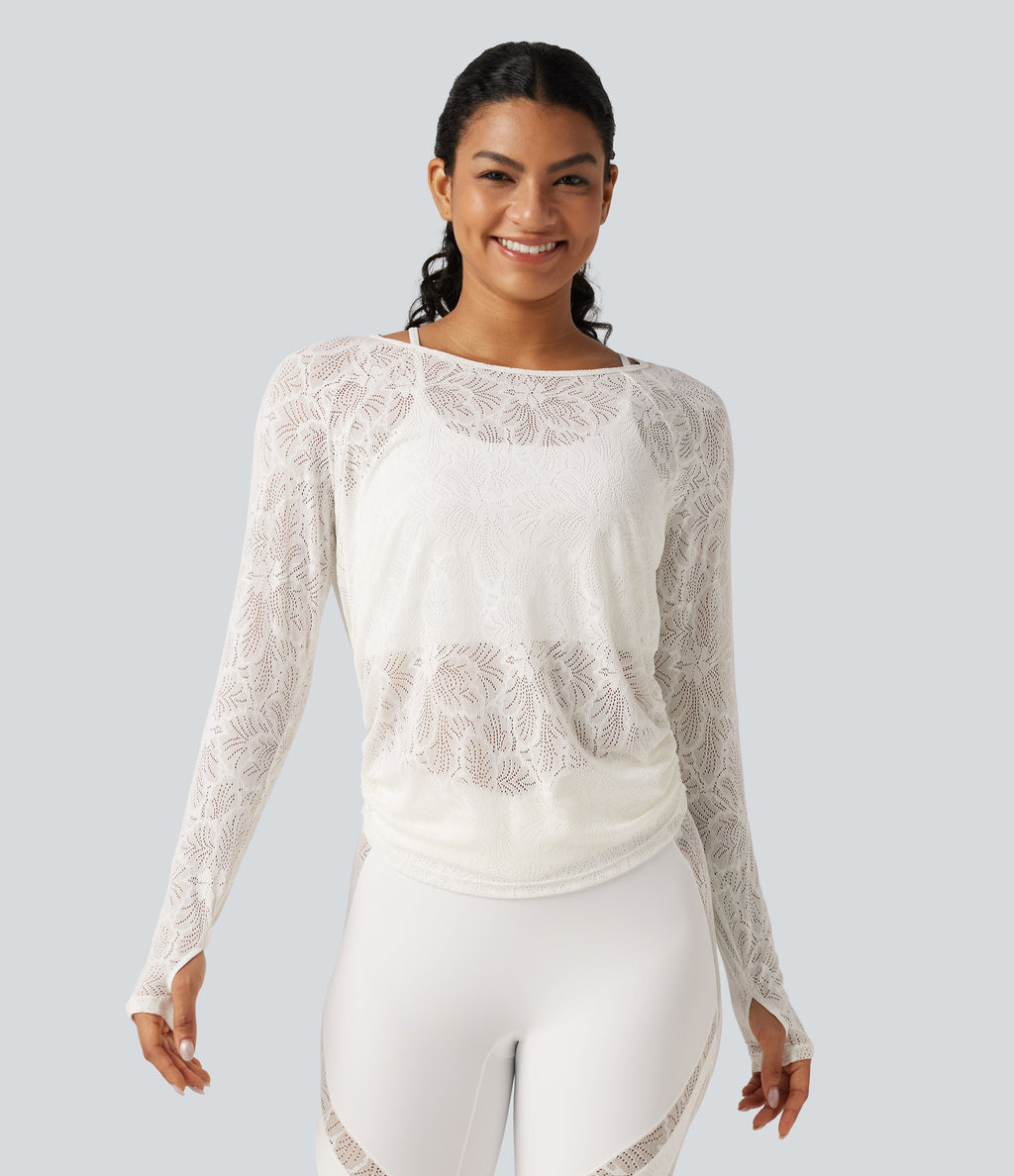 Cut Out Long Sleeve Thumb Hole Ruched Lace Yoga Sports Top — White — view 2