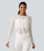 Cut Out Long Sleeve Thumb Hole Ruched Lace Yoga Sports Top — White — view 2